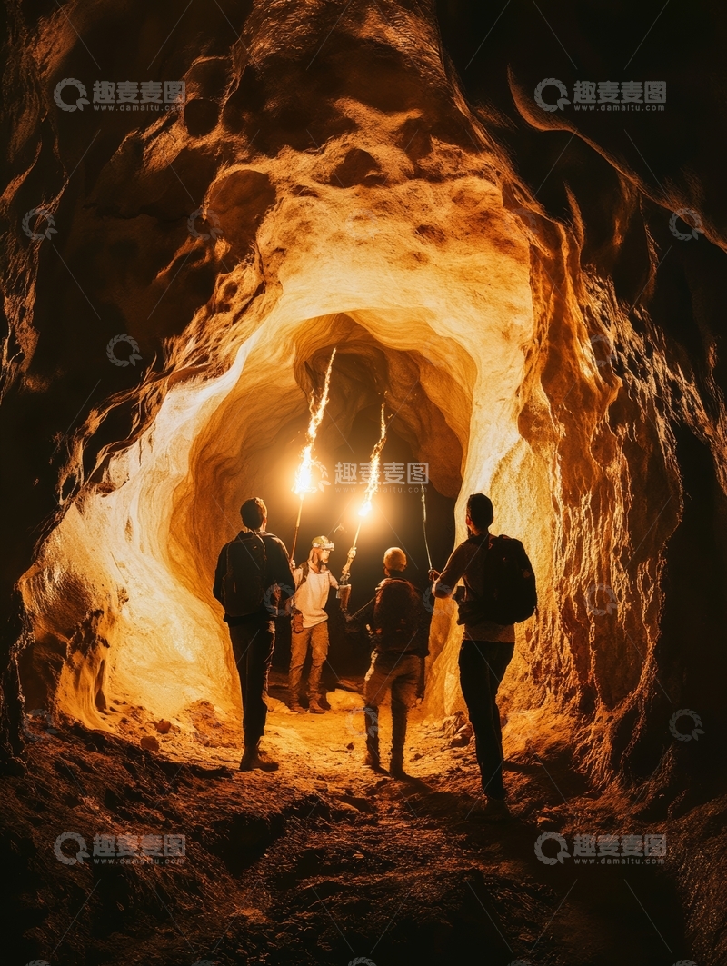 高清大图下载【趣麦麦图】洞穴探险：火把照亮的神秘通道