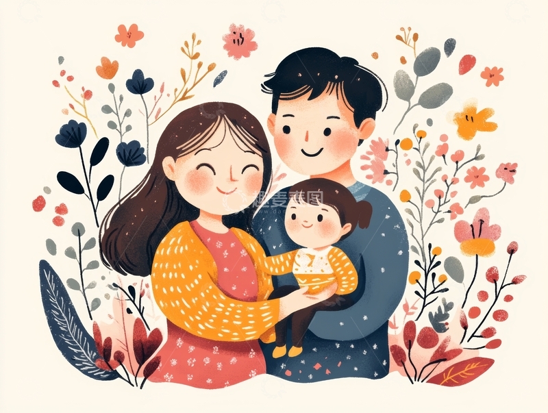 温馨家庭三口在花丛中