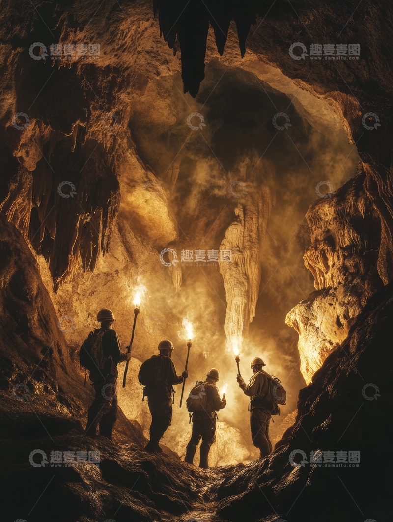 高清大图下载【趣麦麦图】探险者手持火把在洞穴中前行
