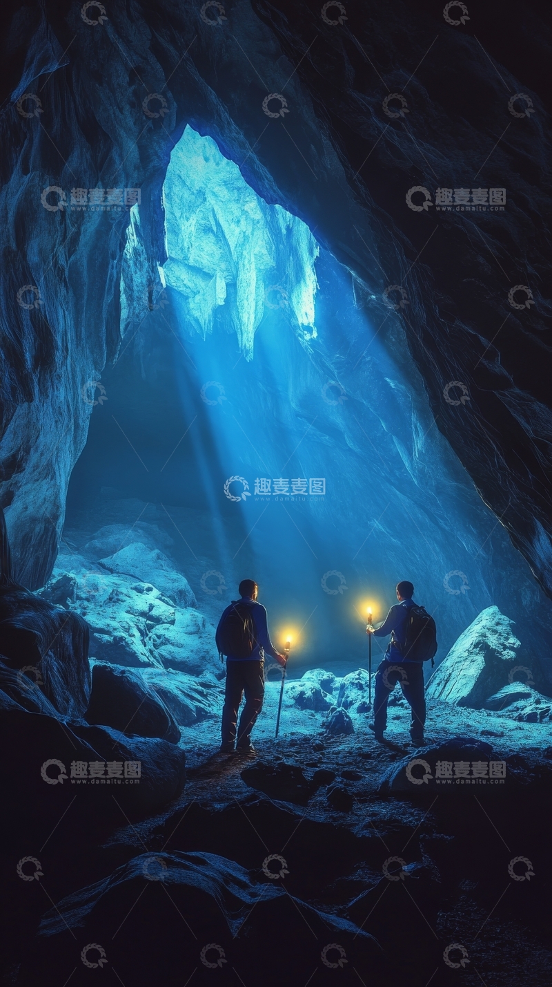 高清大图下载【趣麦麦图】探险者在洞穴中探索神秘光芒