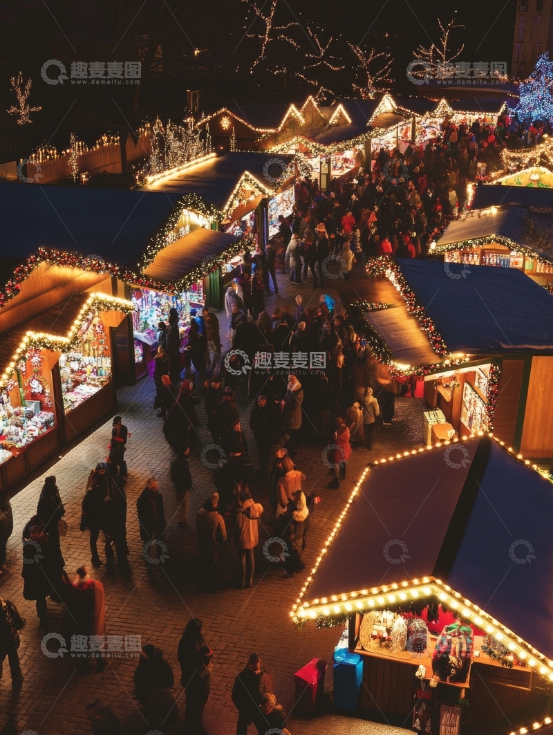 高清大图下载【趣麦麦图】夜市灯火辉煌，人群熙熙攘攘