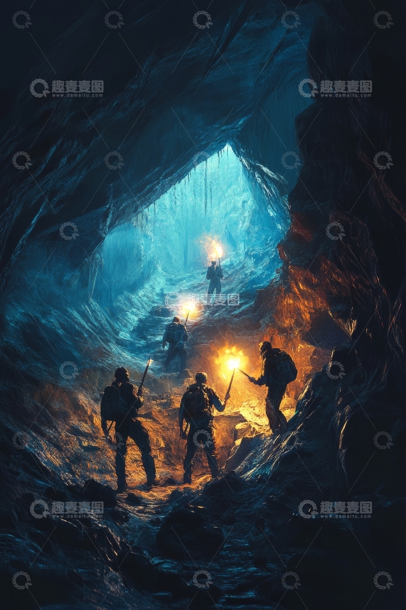 高清大图下载【趣麦麦图】探险者在洞穴中前行