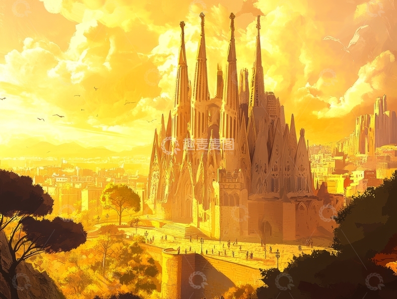 高清大图下载【趣麦麦图】金色光辉中的宏伟建筑