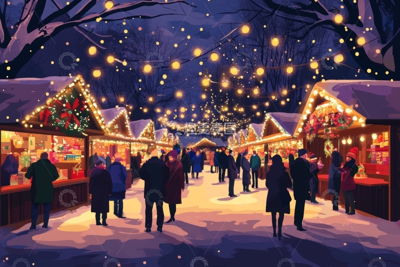 高清大图下载【趣麦麦图】冬夜灯火下的集市