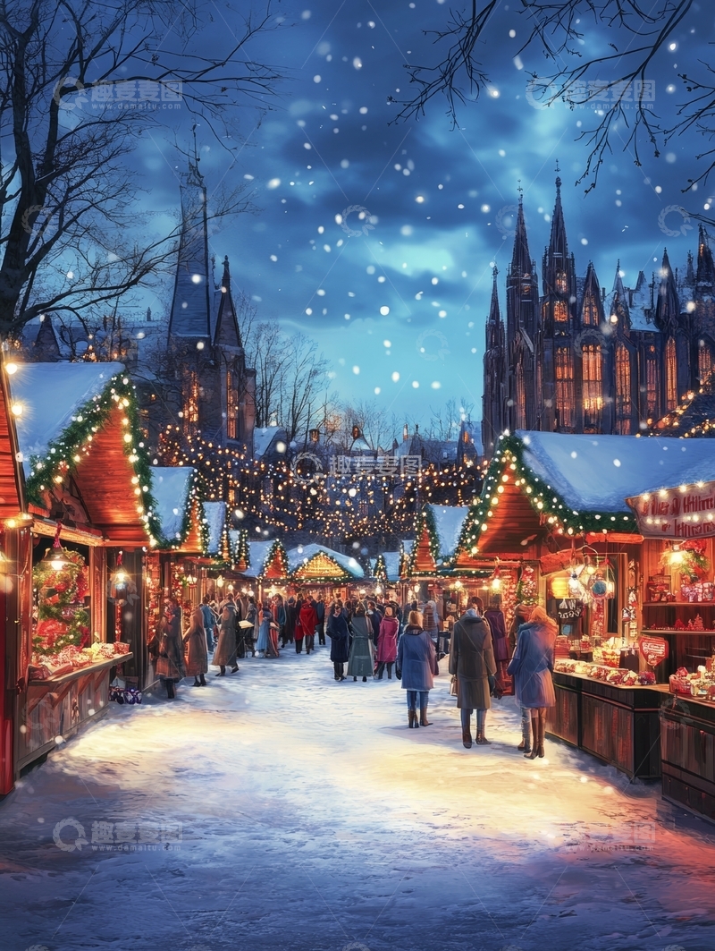 高清大图下载【趣麦麦图】雪夜中的圣诞集市