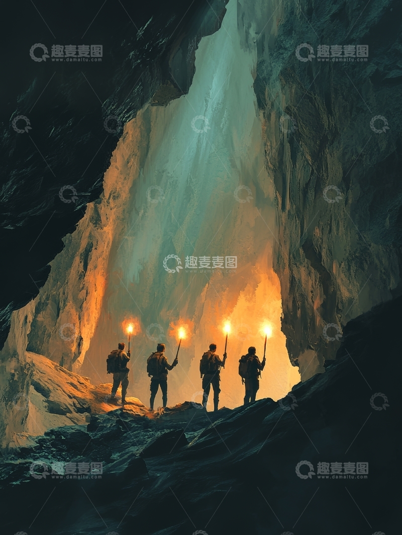 高清大图下载【趣麦麦图】探险者手持火把穿越冰洞