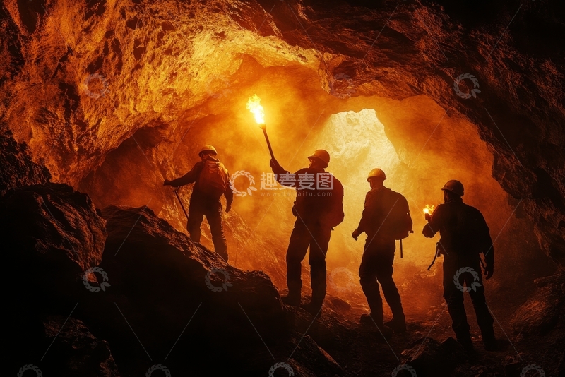 高清大图下载【趣麦麦图】探险者在洞穴中用火把照明