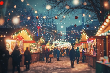 夜晚灯火辉煌的圣诞集市