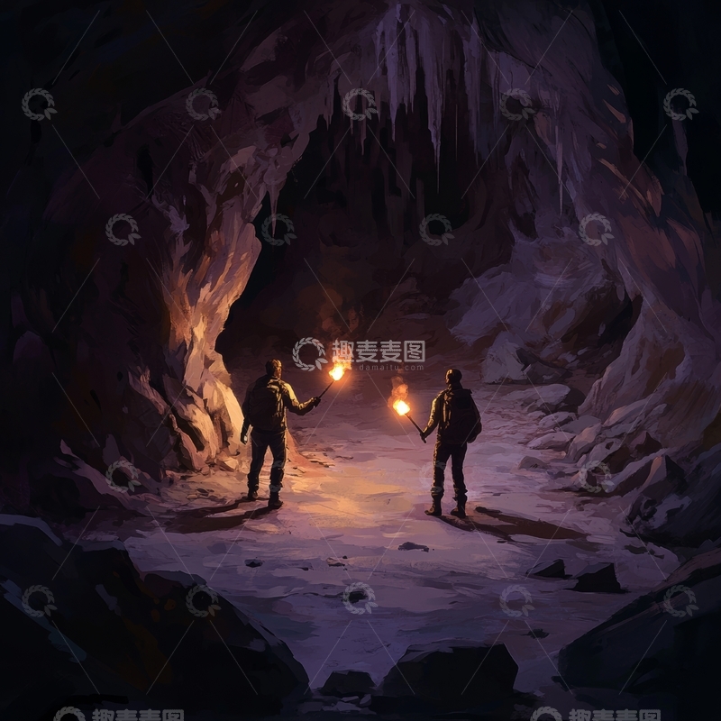 高清大图下载【趣麦麦图】洞穴探险：手持火把的两人