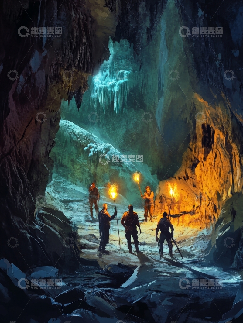 高清大图下载【趣麦麦图】探险者在洞穴中前行