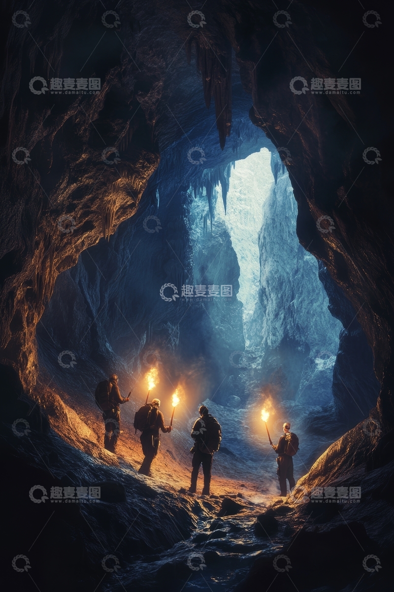 高清大图下载【趣麦麦图】探险者在洞穴中前行