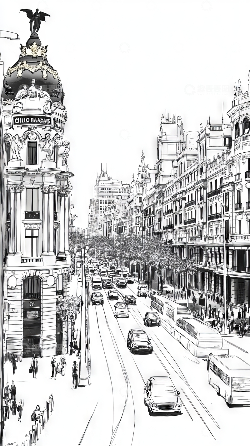 高清大图下载【趣麦麦图】城市街道的黑白素描