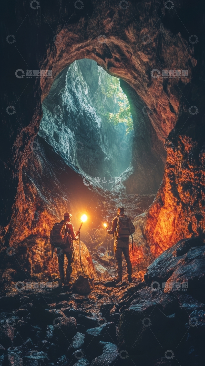 高清大图下载【趣麦麦图】洞穴探险者在光束下前行