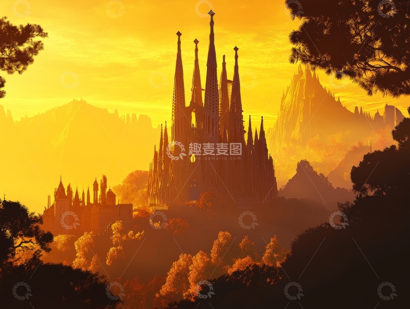 高清大图下载【趣麦麦图】夕阳下的尖塔建筑群