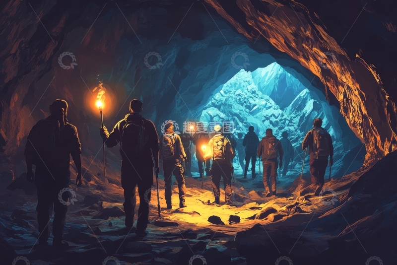 高清大图下载【趣麦麦图】探险者在洞穴中前行，前方冰山闪烁