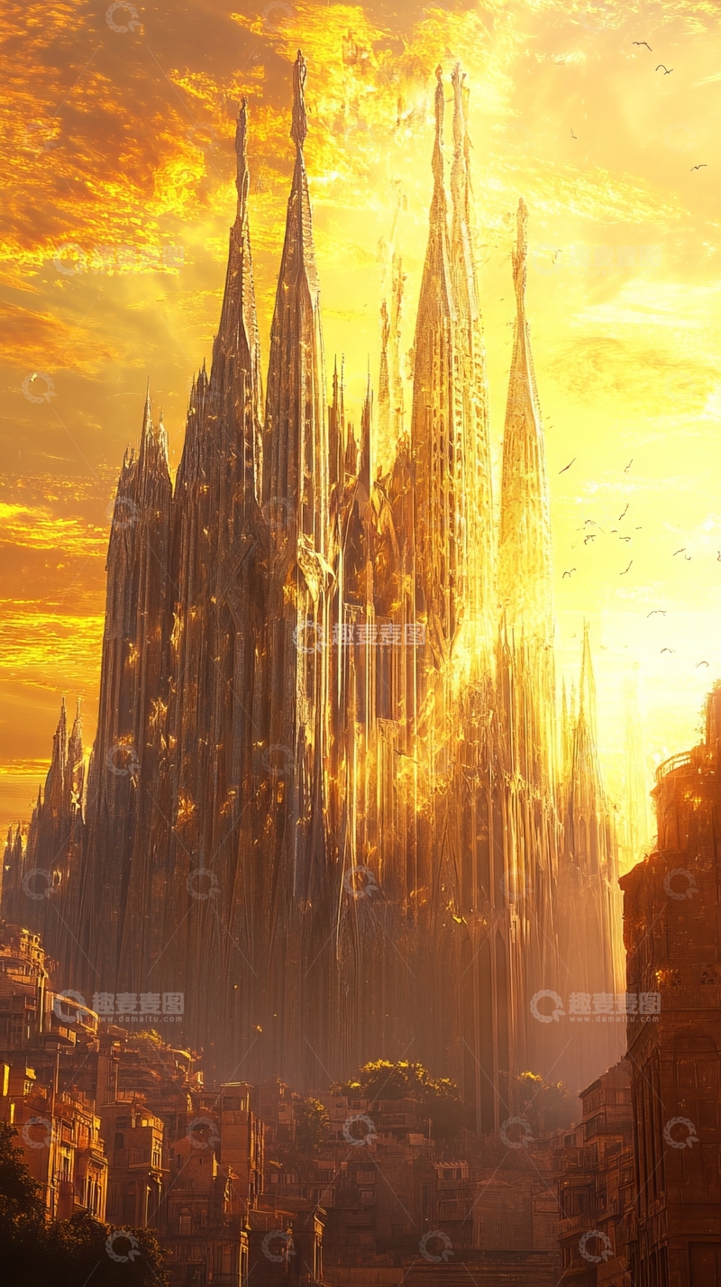 高清大图下载【趣麦麦图】夕阳下的尖塔建筑群