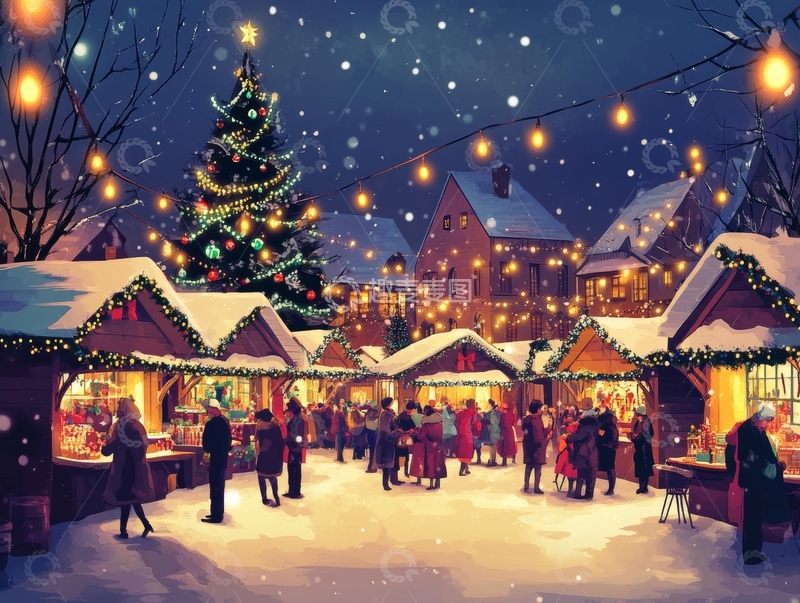 高清大图下载【趣麦麦图】冬夜圣诞集市