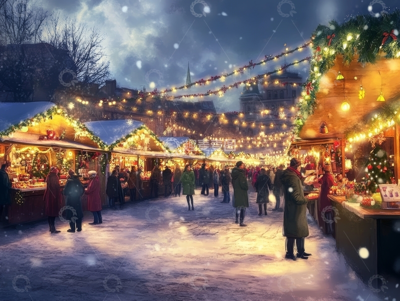 高清大图下载【趣麦麦图】雪夜中的圣诞集市