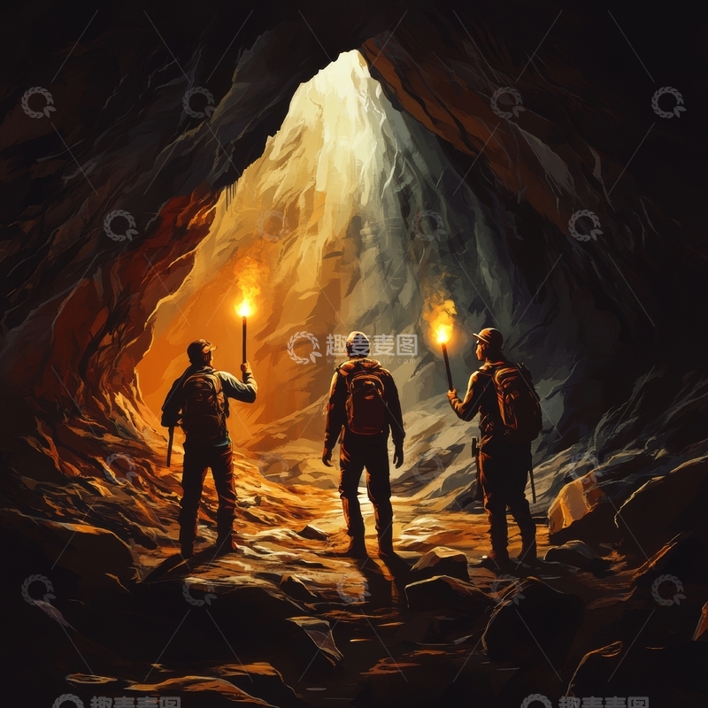 高清大图下载【趣麦麦图】探险者在洞穴中手持火把前行