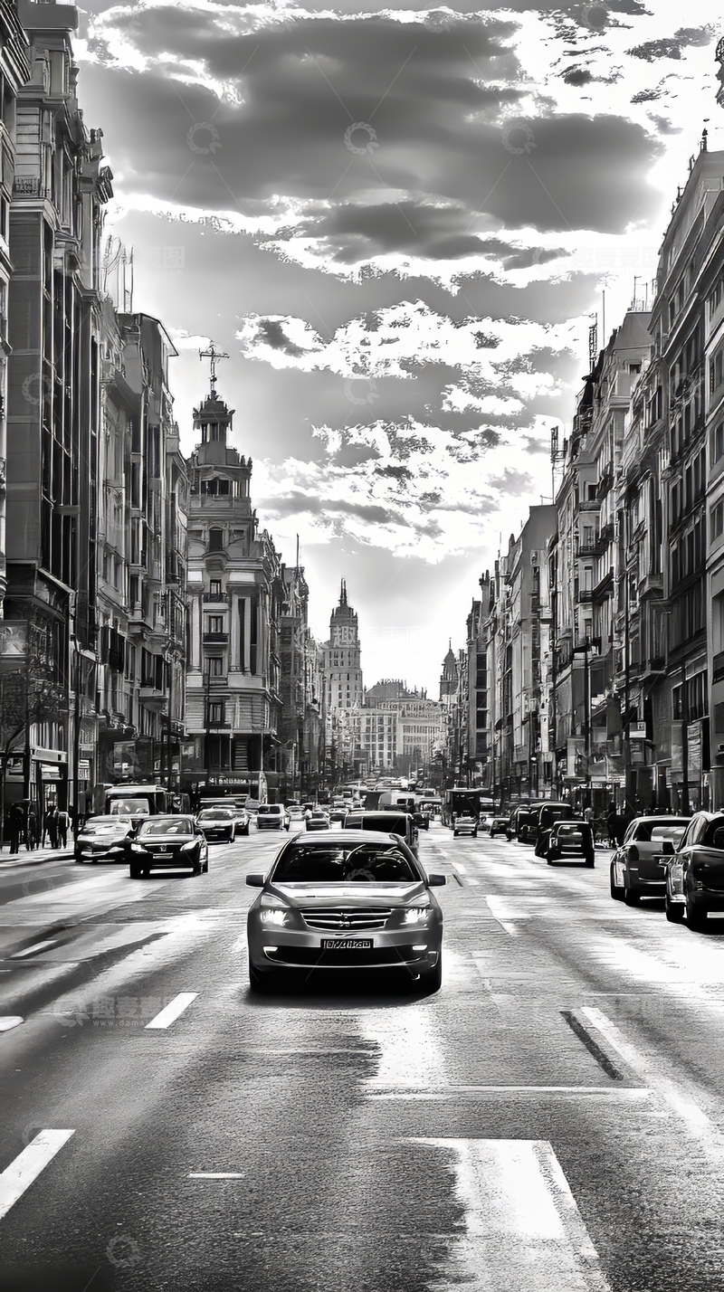 高清大图下载【趣麦麦图】黑白城市街道景象