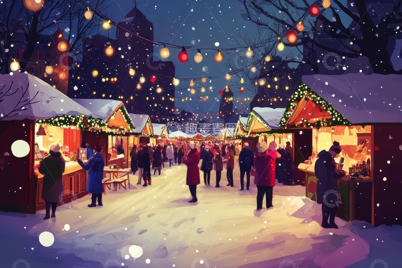 高清大图下载【趣麦麦图】冬夜灯火下的圣诞集市