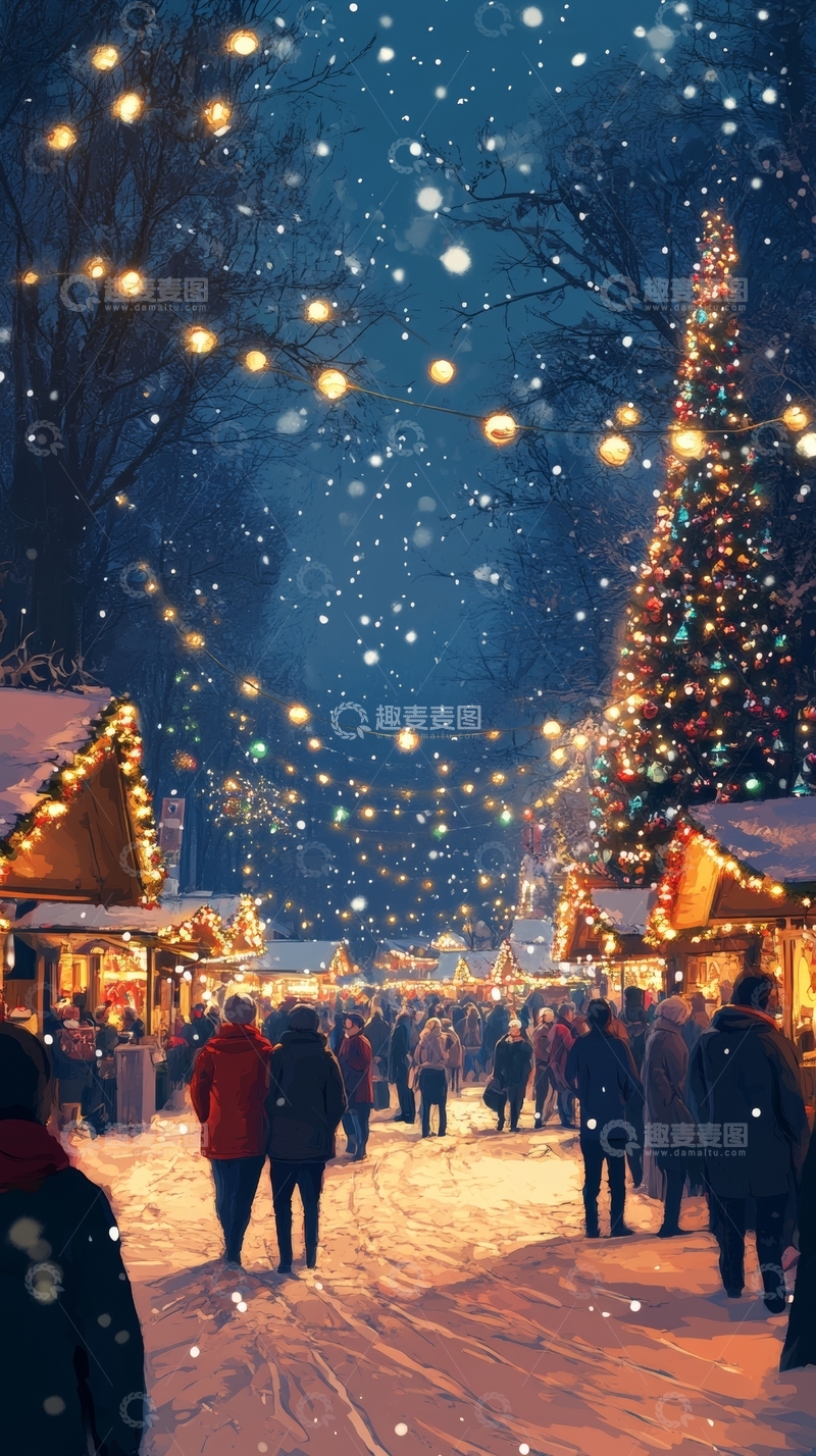 高清大图下载【趣麦麦图】冬夜圣诞集市灯火辉煌
