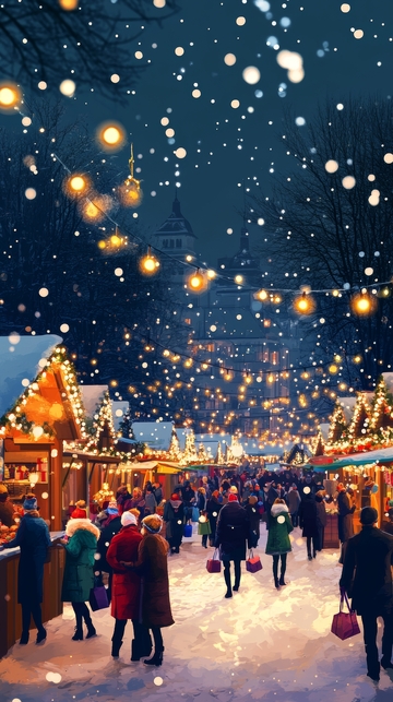 冬夜灯火辉煌的圣诞集市