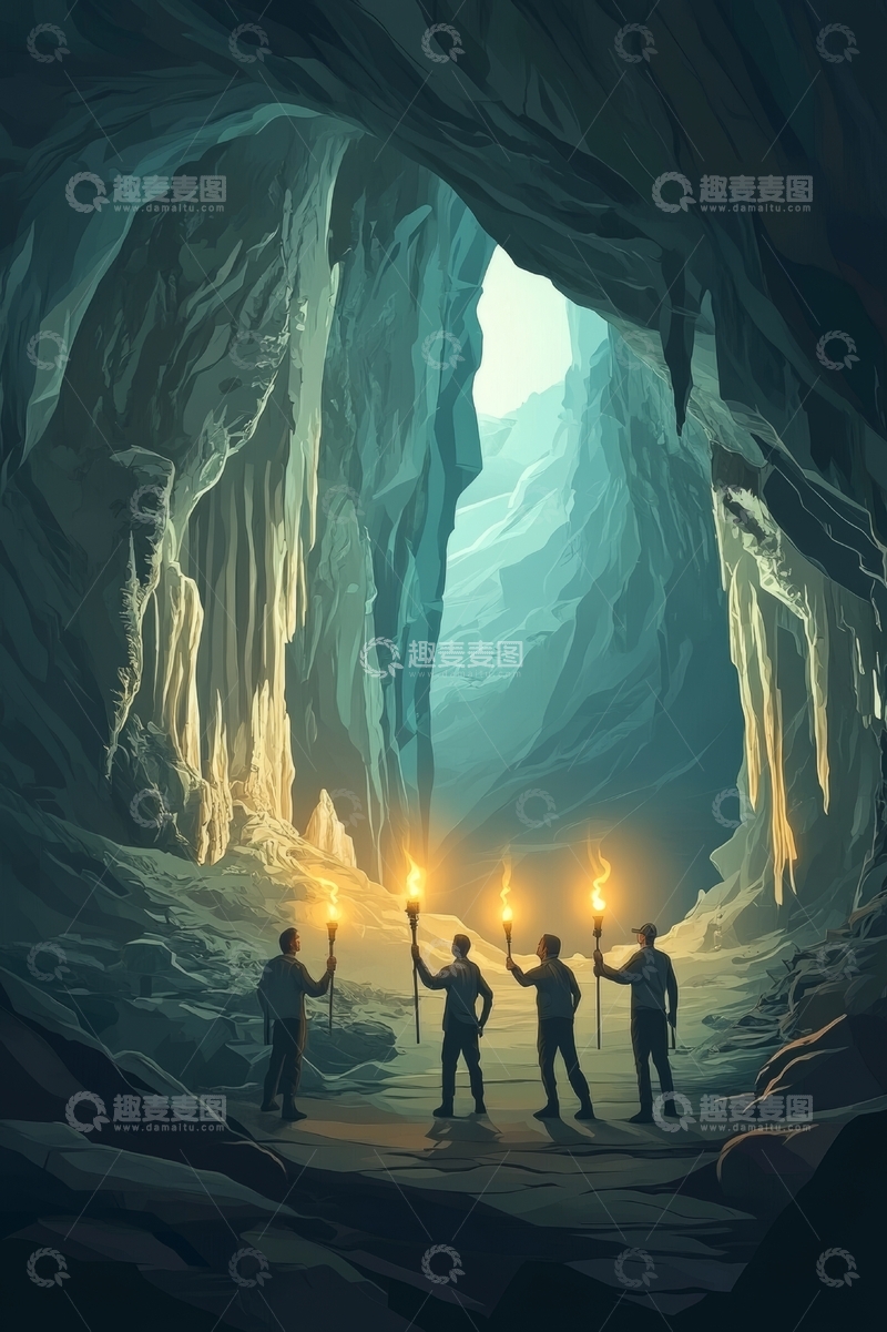 高清大图下载【趣麦麦图】探险者在洞穴中手持火把前行