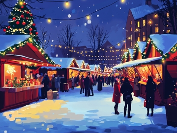 冬夜圣诞集市的热闹场景