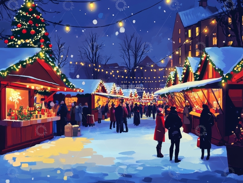 高清大图下载【趣麦麦图】冬夜圣诞集市的热闹场景