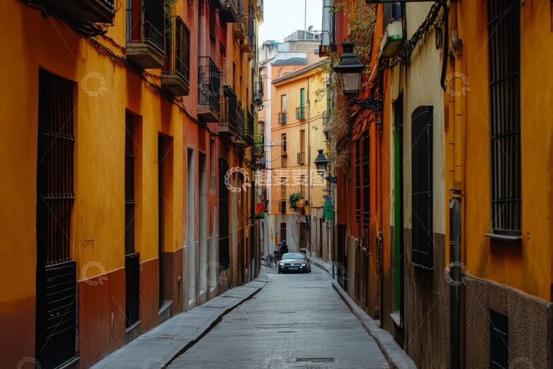 高清大图下载【趣麦麦图】狭窄街道两旁的彩色建筑