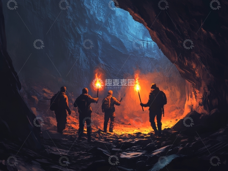 高清大图下载【趣麦麦图】探险者在洞穴中手持火把前行