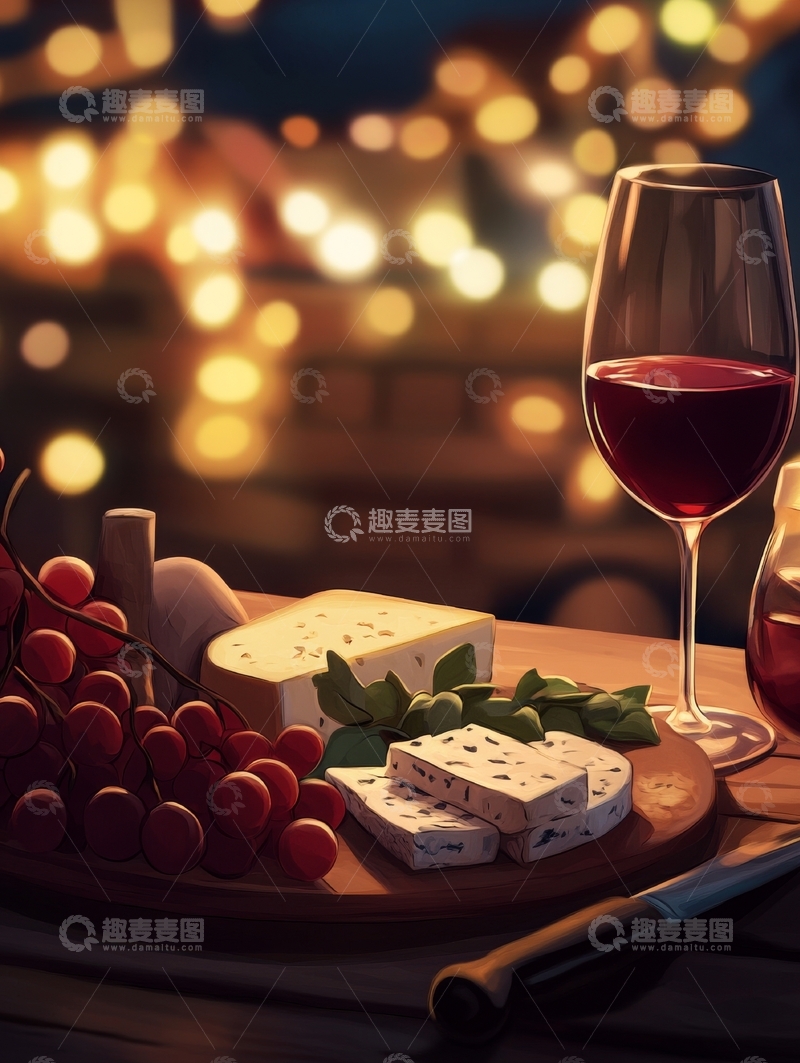 高清大图下载【趣麦麦图】红酒与奶酪的温馨夜景