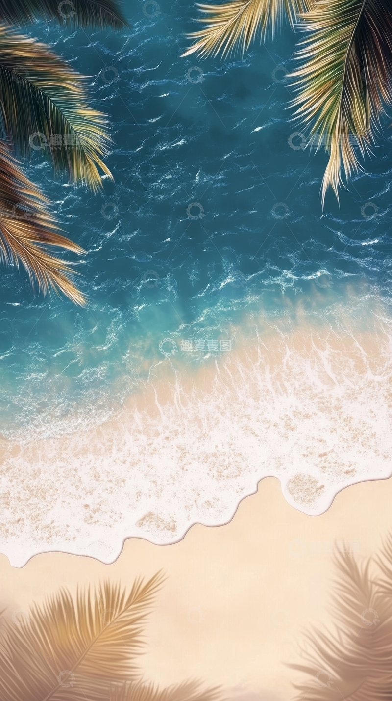 高清大图下载【趣麦麦图】热带海滩与棕榈叶的宁静景象