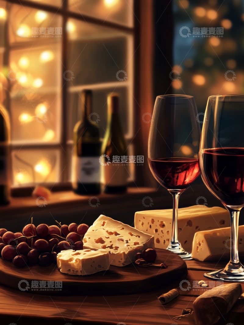 高清大图下载【趣麦麦图】红酒与奶酪的温馨夜景