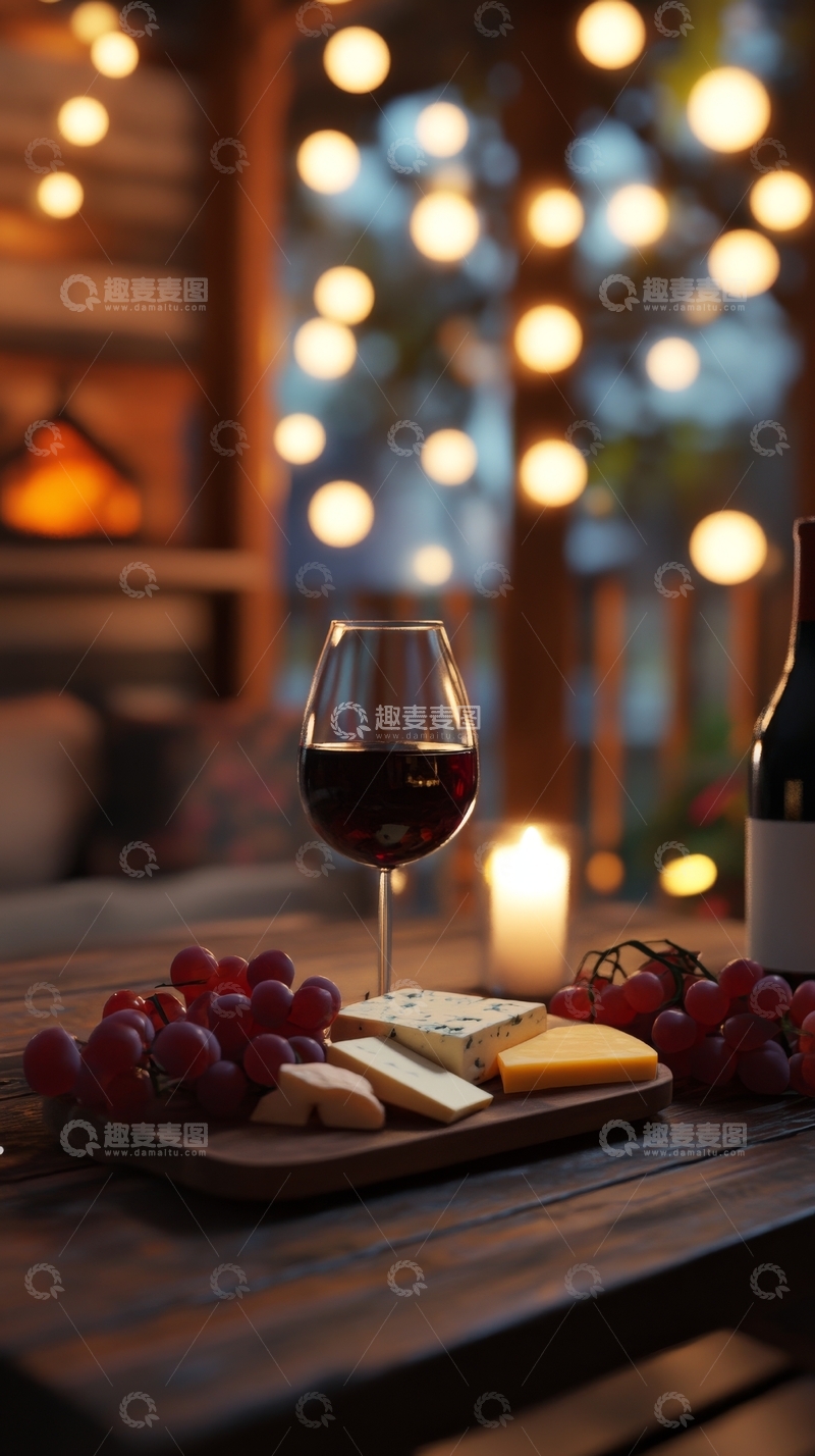 高清大图下载【趣麦麦图】红酒与奶酪的温馨夜景