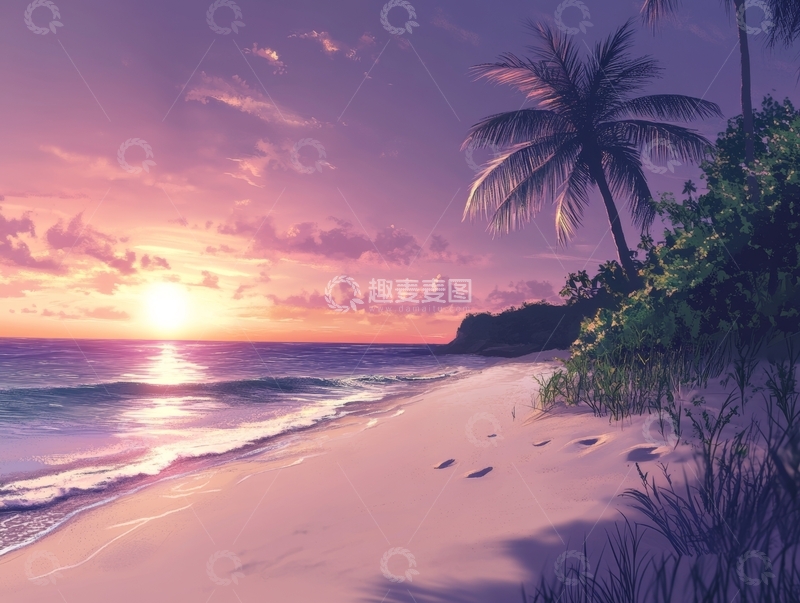 高清大图下载【趣麦麦图】夕阳下的热带海滩