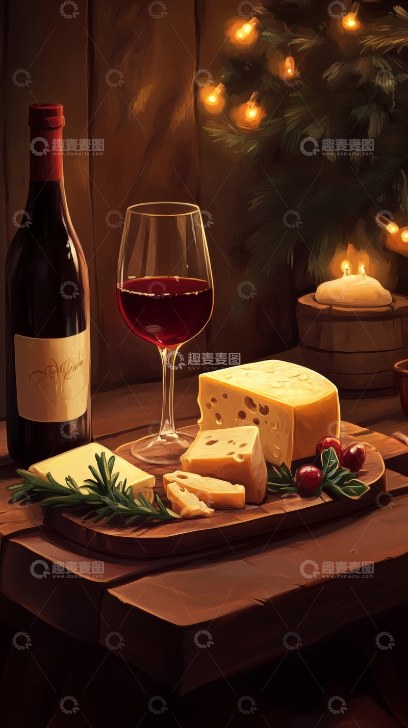 高清大图下载【趣麦麦图】红酒与奶酪的温馨圣诞夜
