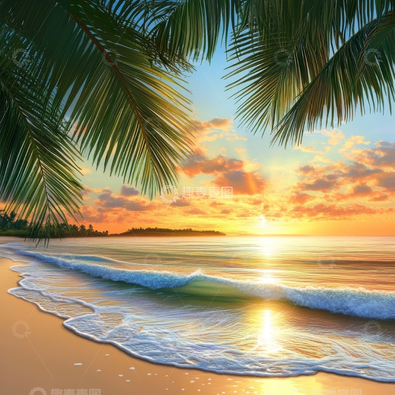 高清大图下载【趣麦麦图】夕阳下的热带海滩