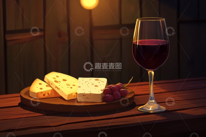 高清大图下载【趣麦麦图】红酒与奶酪的静谧时光