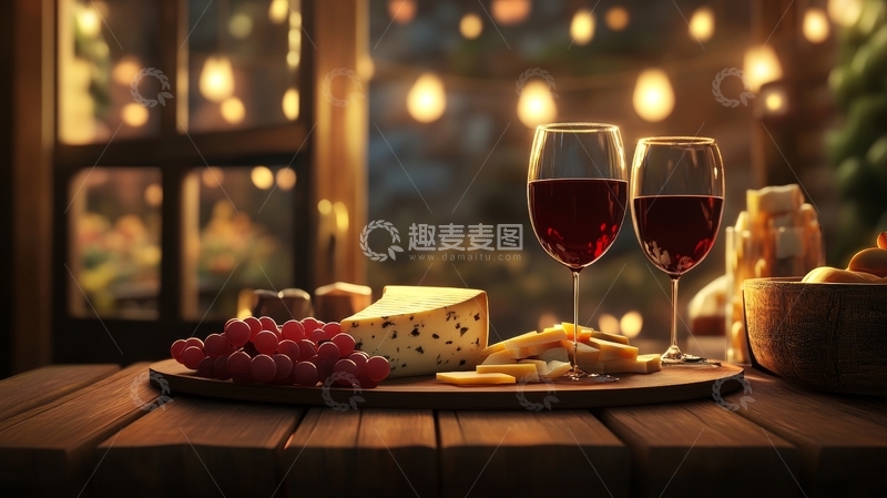 高清大图下载【趣麦麦图】红酒与奶酪的温馨时光