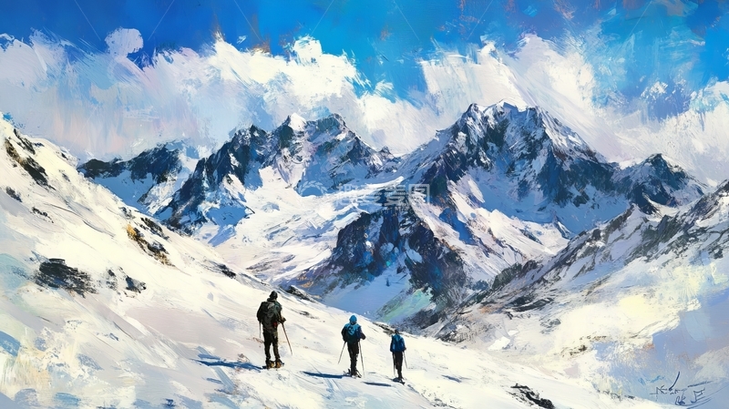 高清大图下载【趣麦麦图】雪山探险：三人行走在雪峰之间