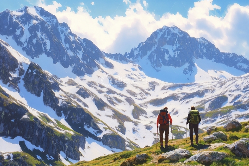高清大图下载【趣麦麦图】雪山脚下，两人徒步探险