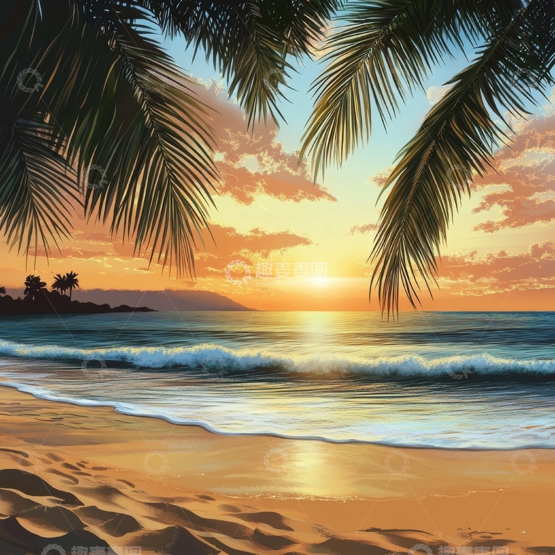 高清大图下载【趣麦麦图】夕阳下的热带海滩