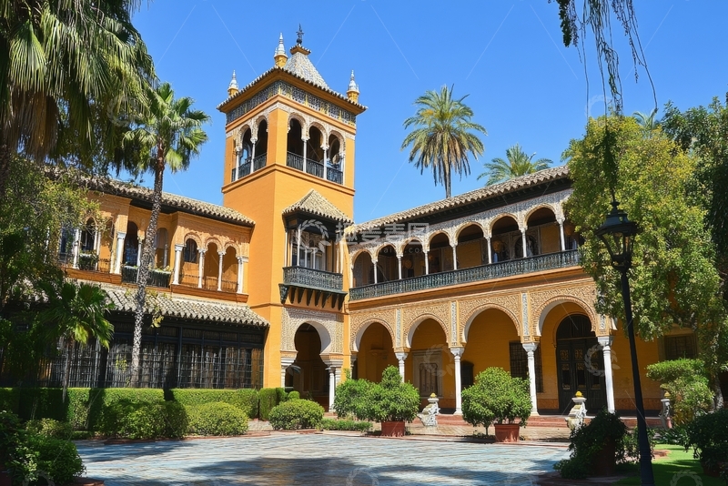 高清大图下载【趣麦麦图】古典建筑庭院，拱门与棕榈树环绕