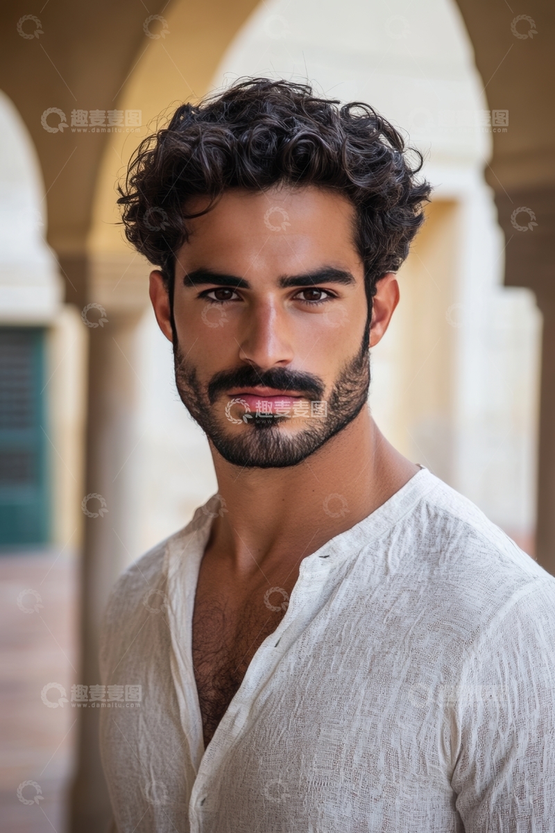 高清大图下载【趣麦麦图】卷发男子身穿白色上衣的肖像
