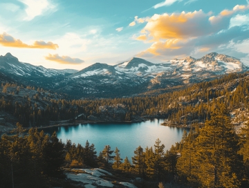 雪山湖泊，松林环绕的宁静美景