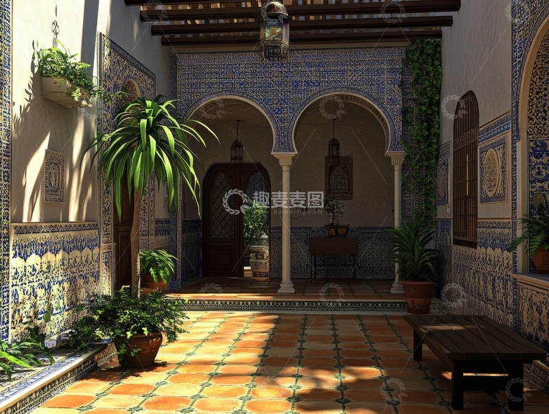 高清大图下载【趣麦麦图】传统庭院，拱门与瓷砖装饰