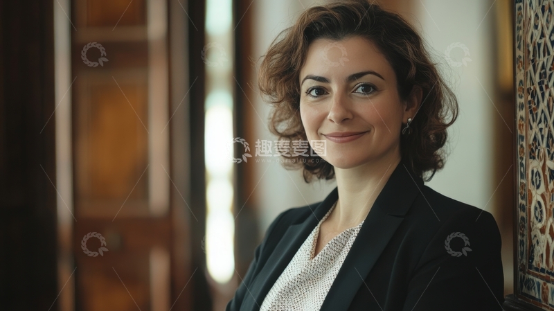 高清大图下载【趣麦麦图】微笑女性身着正装，背景为室内装饰
