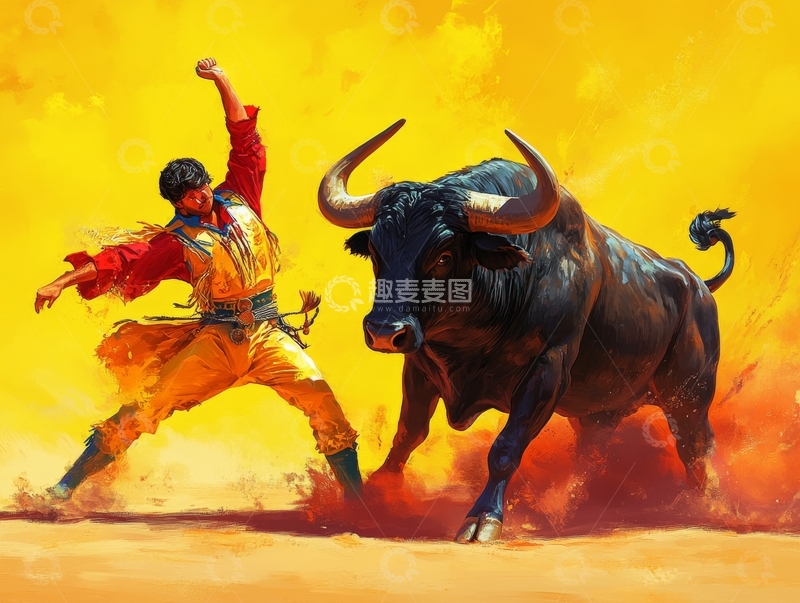 高清大图下载【趣麦麦图】斗牛士与公牛的激烈对决